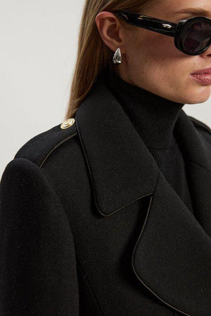 Karen Millen UK SALE Wool Double Breasted Military Tailored Midi Coat - black