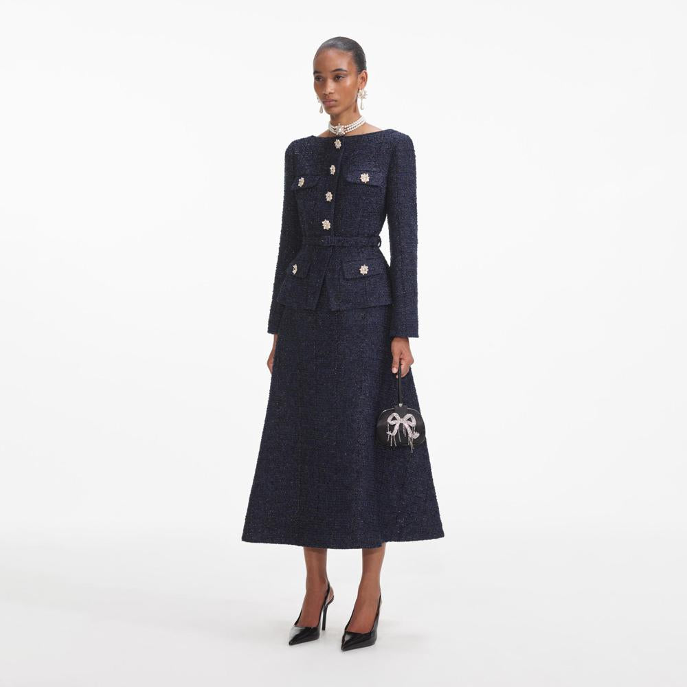 SELF PORTRAIT VIP SS24 Navy Metallic Boucle Midi Dress