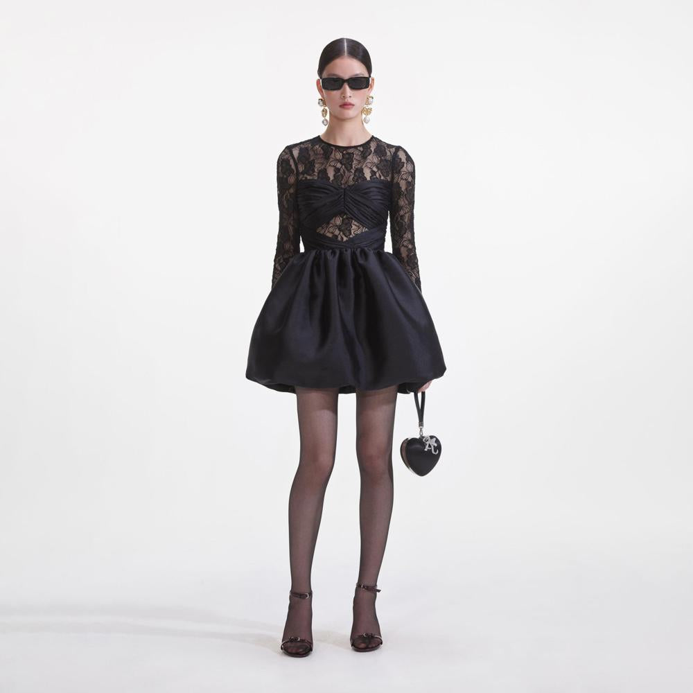 SELF PORTRAIT SS25 VIP PRICE Black Taffeta Lace Mini Dress