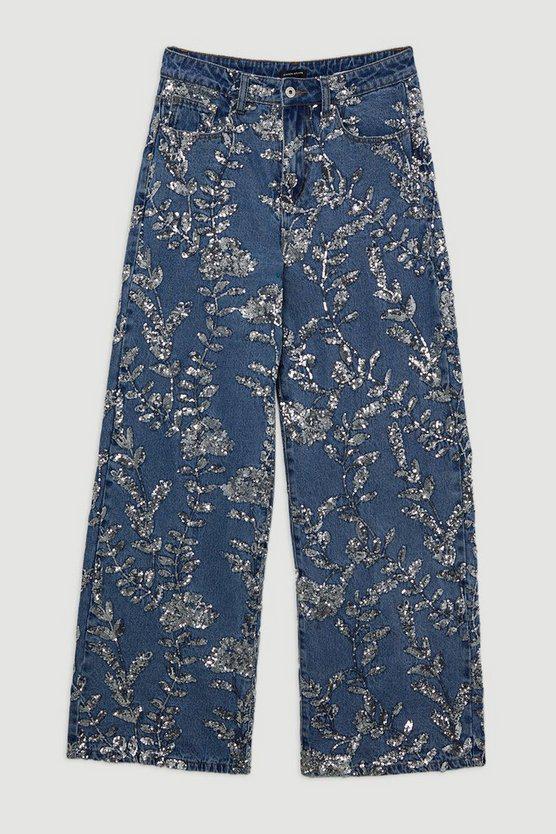 Karen Millen UK SALE Denim All Over Floral Sequin Wide Leg Trousers - mid blue