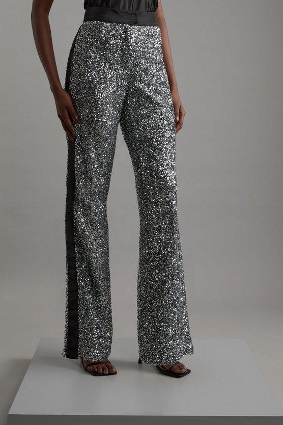 Karen Millen UK SALE Sequin High Waisted Wide Leg Trousers - gun metal