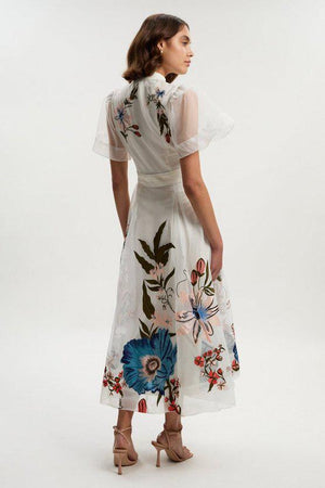 Karen Millen UK SALE Botanical Embroidery Organdie Angel Sleeve Midi Dress