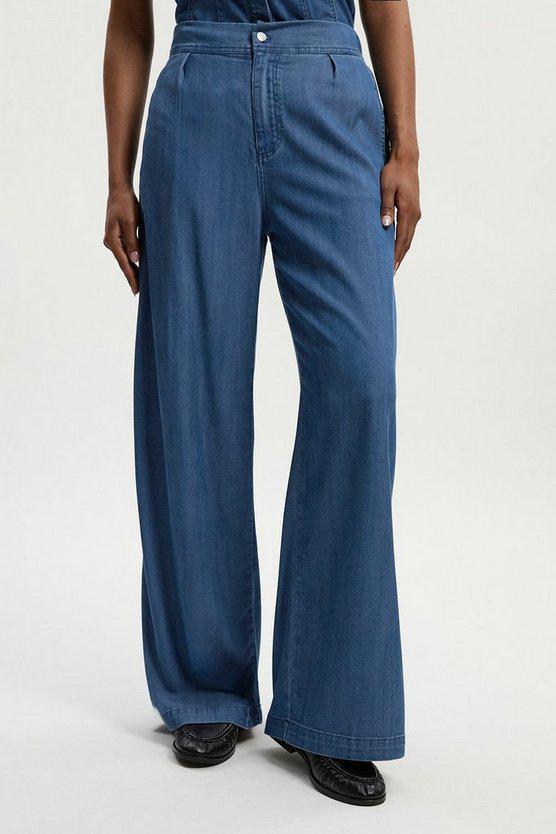 Karen Millen UK SALE Chambray Stretch Denim Wide Leg Trouser - mid blue