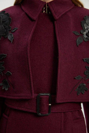 Karen Millen UK SALE Brushed Wool Pu Mix Placed Floral Embroidery Applique Tailored Cape Full Skirted Midi Coat - burgundy