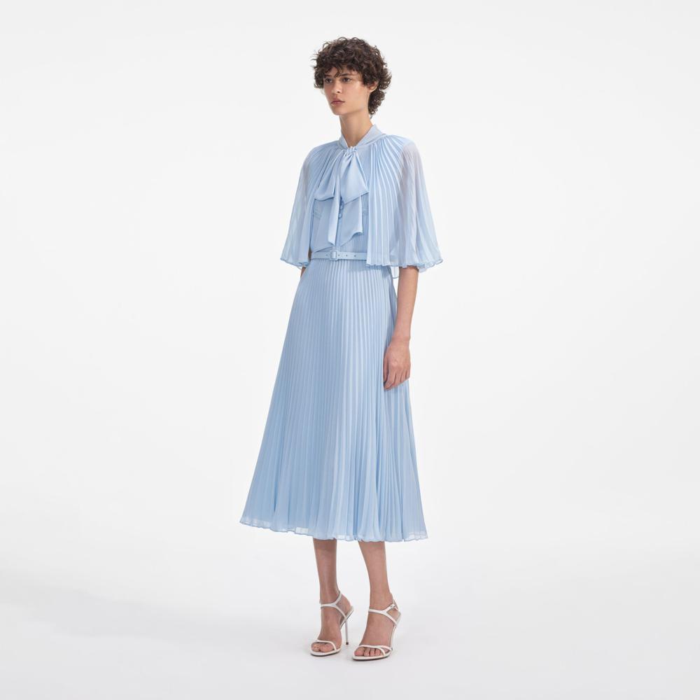 SELF PORTRAIT VIP SS24 Blue Chiffon Cape Midi Dress