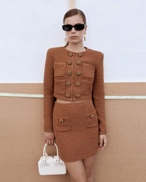 SELF PORTRAIT SS24 Brown Textured Knit Jacket