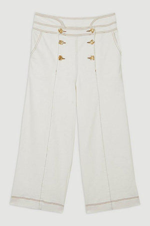 Karen Millen UK SALE Denim Button Front Culottes Trousers - ivory