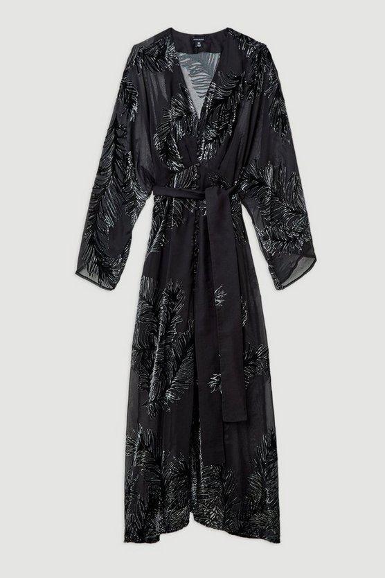 Karen Millen UK SALE Feather Devore Woven Kimono Maxi Dress - black