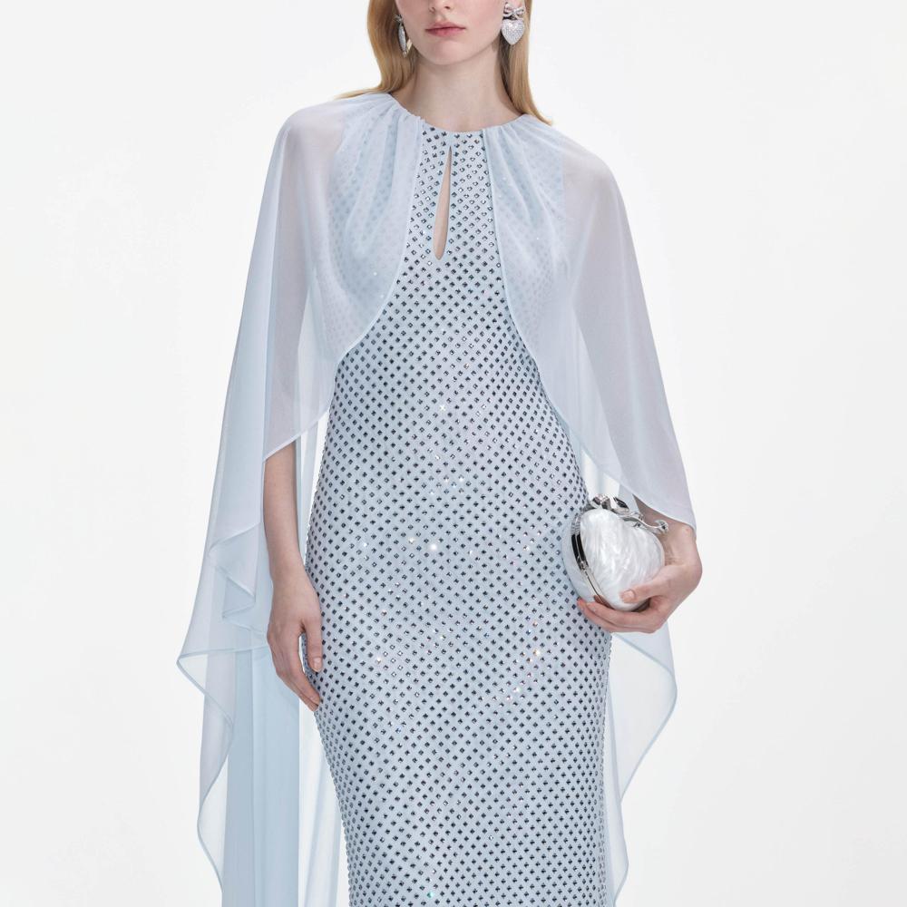 SELF PORTRAIT SS25 VIP PRICE Pale Blue Rhinestone Cape Maxi Dress