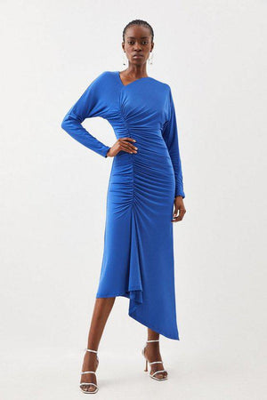 Karen Millen UK SALE Jersey Crepe Ruched Long Sleeve Midi Dress - cobalt