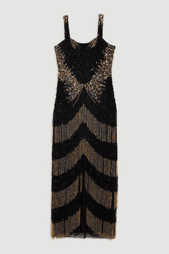 Karen Millen UK SALE Embellished Mirrored Fringe Strappy Maxi Dress