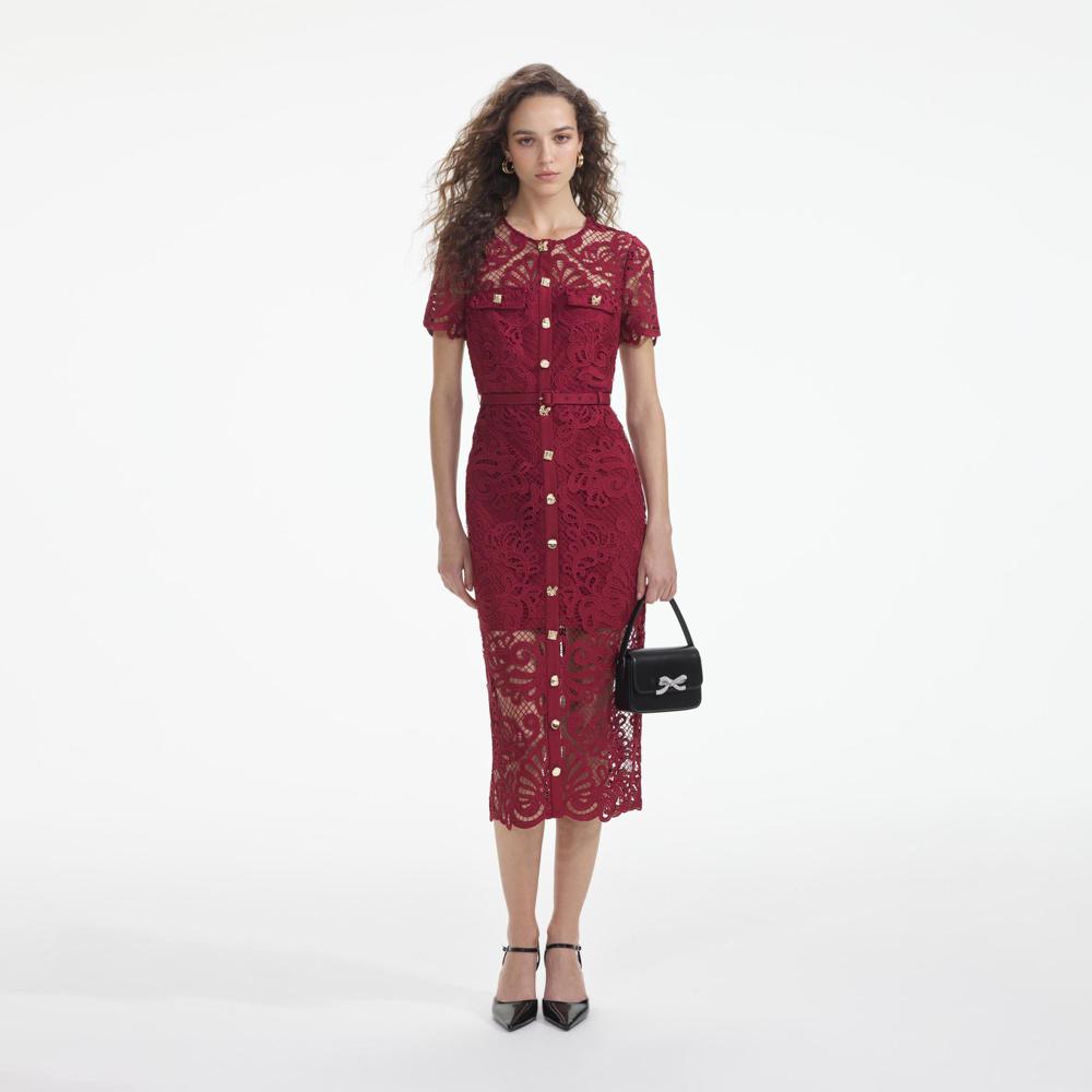 SELF PORTRAIT SS24 Red Guipure Lace Button Midi Dress