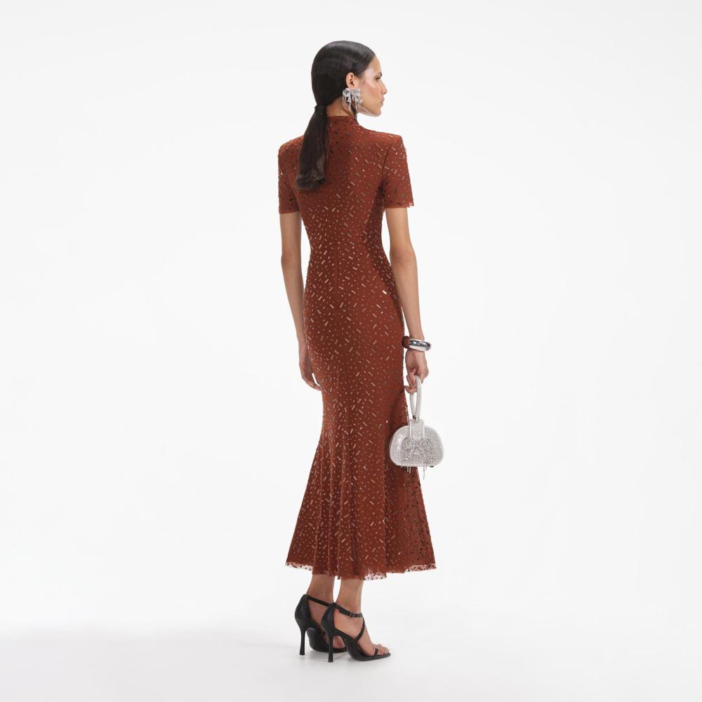 SELF PORTRAIT SS24 Brown Square Rhinestone Mesh Midi Dress