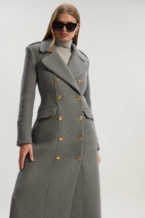 Karen Millen UK SALE Wool Double Breasted Military Tailored Midi Coat - grey marl