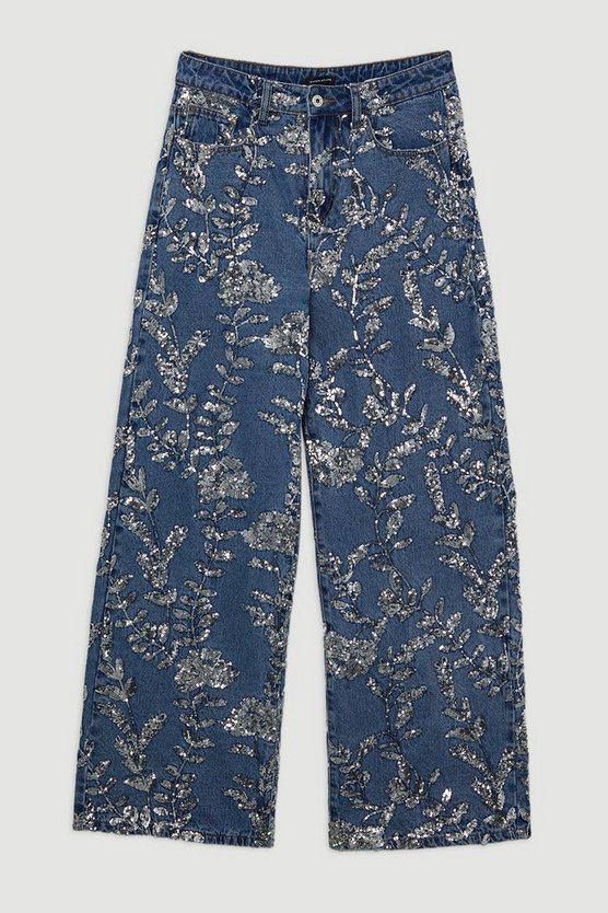 Karen Millen UK SALE Petite Denim All Over Floral Sequin Wide Leg Trousers