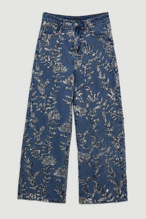 Karen Millen UK SALE Petite Denim All Over Floral Sequin Wide Leg Trousers