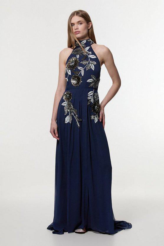 Karen Millen UK SALE Floral 3D Embellished Halter Tie Neck Woven Maxi Dress