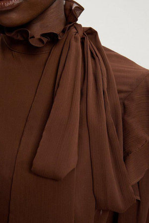 Karen Millen UK SALE Georgette Ruffle Woven Pussy Bow Blouse - chocolate