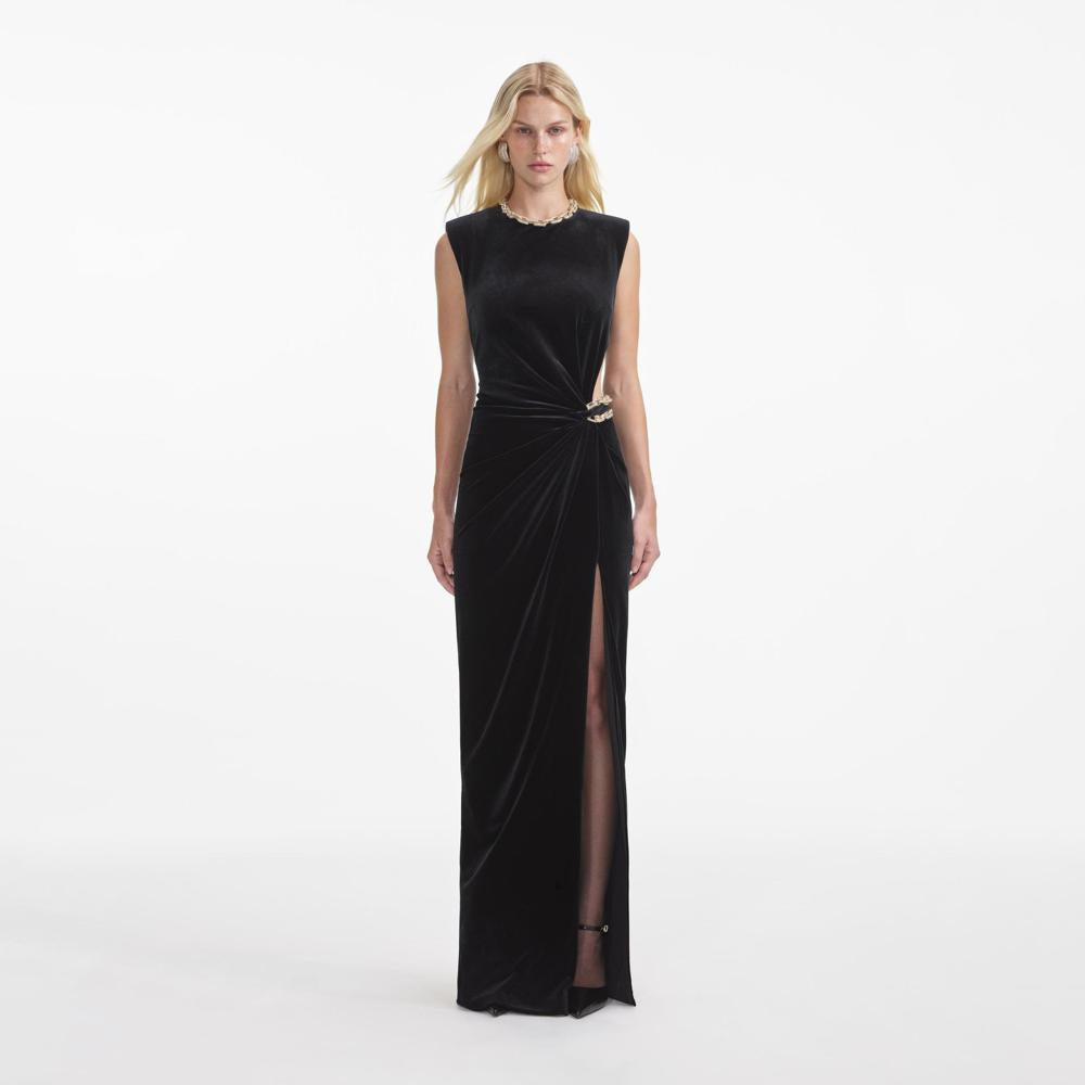 SELF PORTRAIT SS24 Black Velvet Embellished Maxi Dress