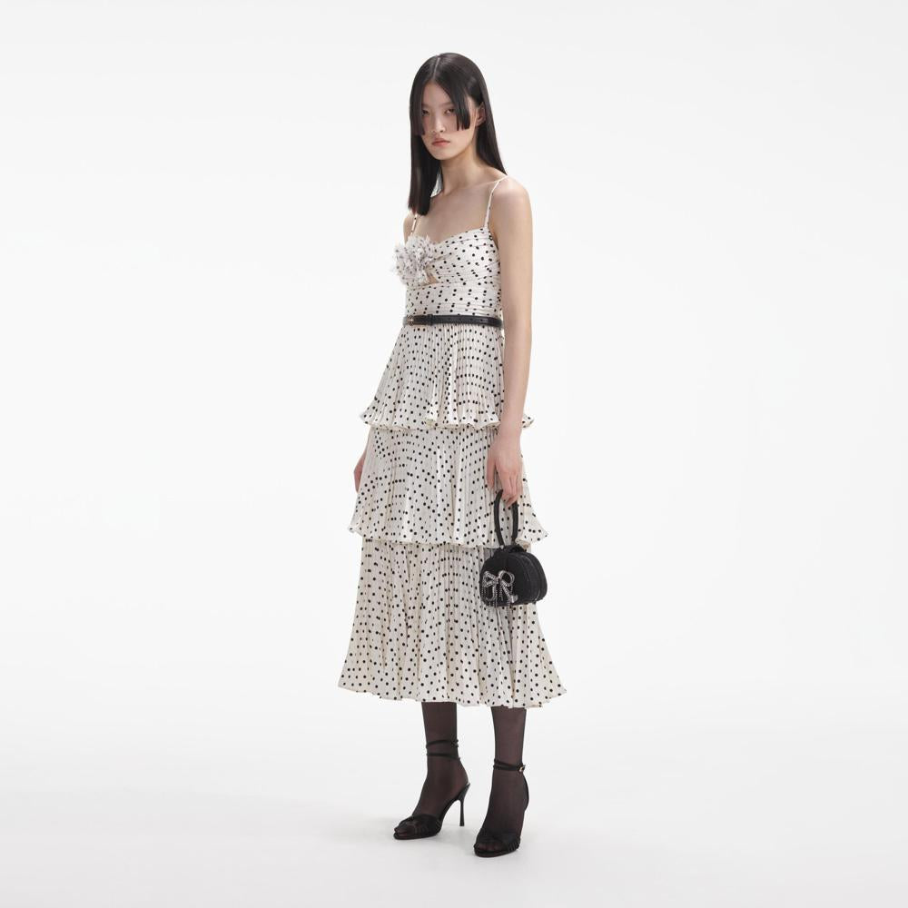 SELF PORTRAIT SS24 Cream Polka Dot Tiered Midi Dress