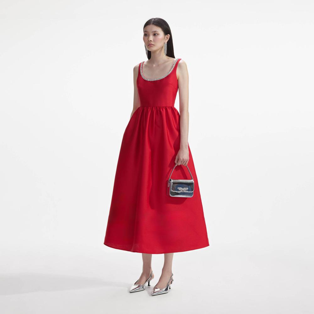 SELF PORTRAIT SS24 Red Taffeta Diamante Midi Dress