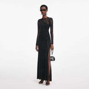 SP VIP PRICE Black Rhinestone Lace Sleeves Maxi Dress