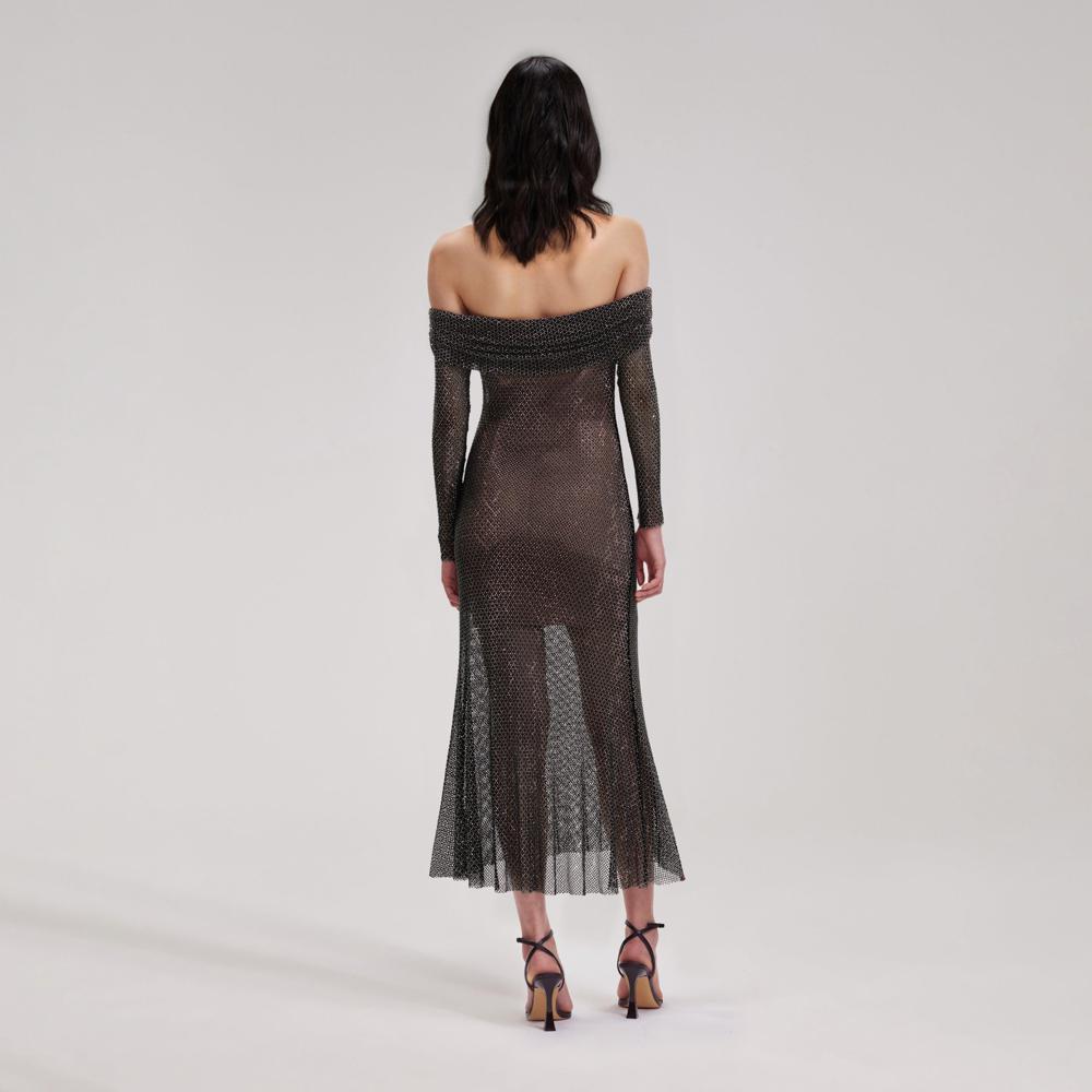 SELF PORTRAIT BLACK FRIDAY SALE Black Rhinestone Fishnet Midi Dress