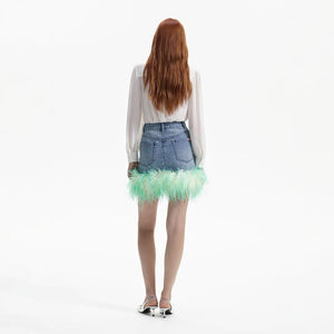 SELF PORTRAIT BLACK FRIDAY SALE Blue Rhinestone Feather Denim Skirt