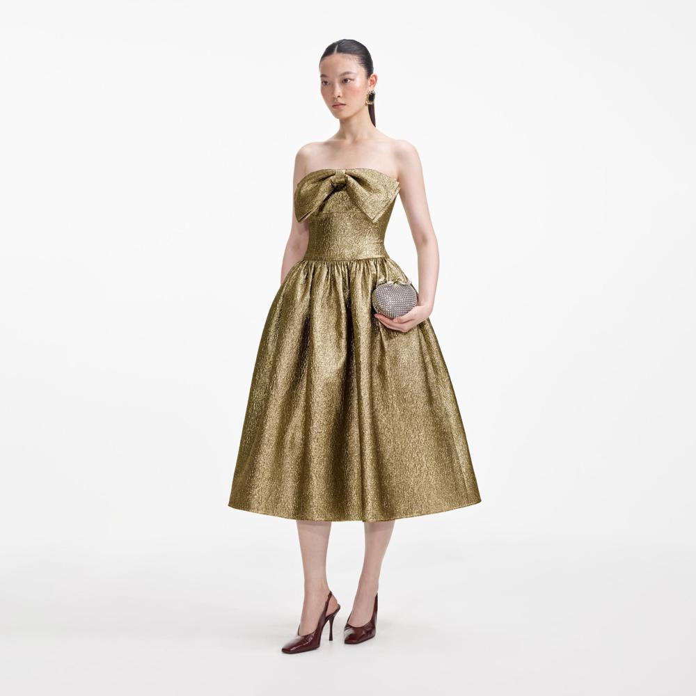 SELF PORTRAIT SS24 Gold Metallic Jacquard Midi Dress