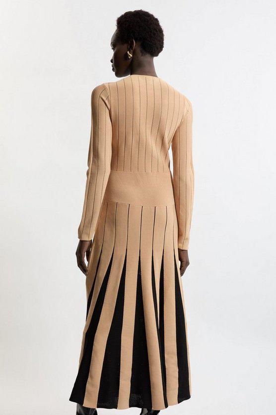 Karen Millen UK SALE Pointelle Colour Block Full Skirted Viscose Blend Knit Dress