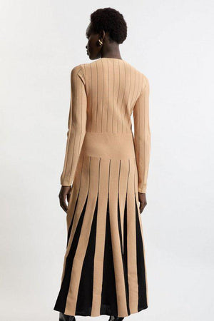 Karen Millen UK SALE Pointelle Colour Block Full Skirted Viscose Blend Knit Dress