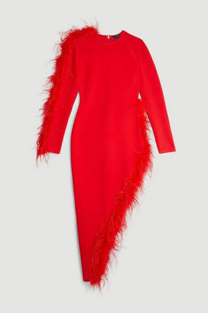 Karen Millen UK SALE Figure Form Bandage Knit Split Feather Hem Midi Dress - red