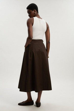 Karen Millen UK SALE Cotton & Faux Leather Tab Full Maxi Skirt - chocolate