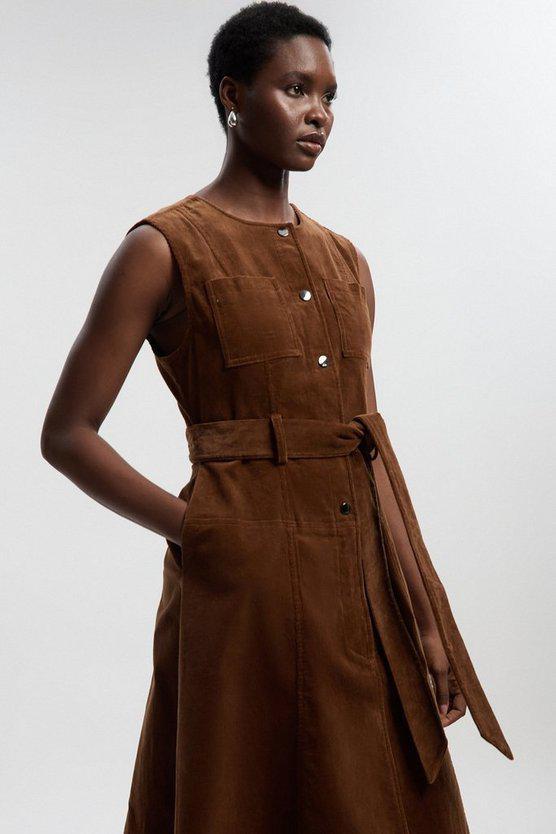 Karen Millen UK SALE Stretch Cord Belted Midi Dress - tan
