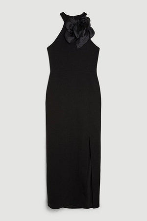 Karen Millen UK SALE Compact Viscose Small Corsage Detail Tailored Halterneck Midaxi Dress - black