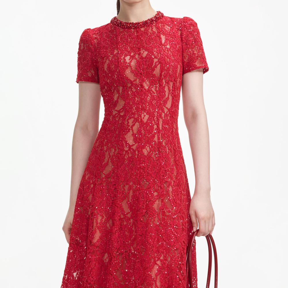 SELF PORTRAIT VIP SS24 Red Sequin Lace Midi Dress