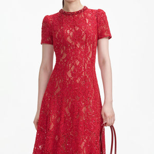 SELF PORTRAIT VIP SS24 Red Sequin Lace Midi Dress
