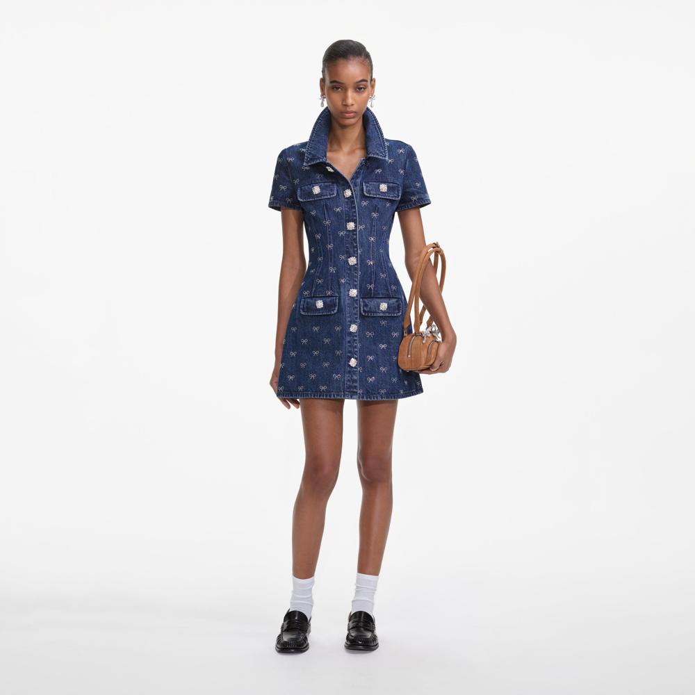 SP VIP PRICE Denim Diamante Bow Collared Mini Dress