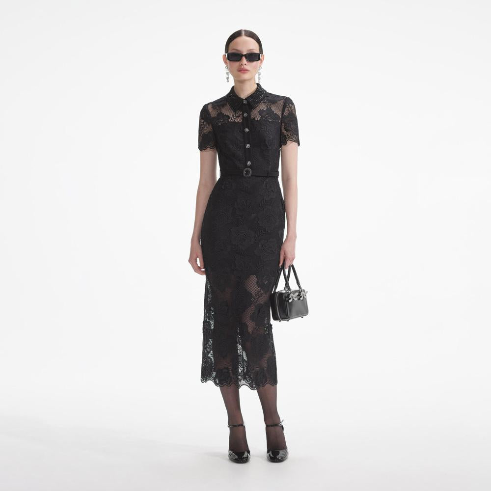 SELF PORTRAIT SS24 Black Lace Diamante Midi Dress