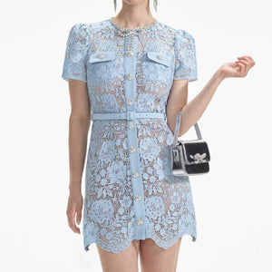 SELF PORTRAIT SS24 Blue Lace Diamante Bow Mini Dress