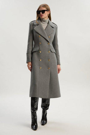 Karen Millen UK SALE Wool Double Breasted Military Tailored Midi Coat - grey marl