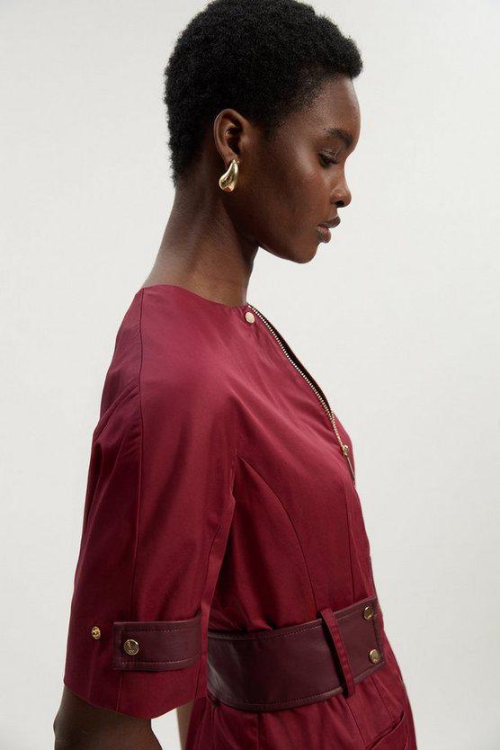 Karen Millen UK SALE Cotton & Faux Leather Tab Utility Midi Dress - burgundy