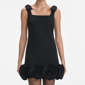SP VIP PRICE Black Crepe 3D Flower Mini Dress