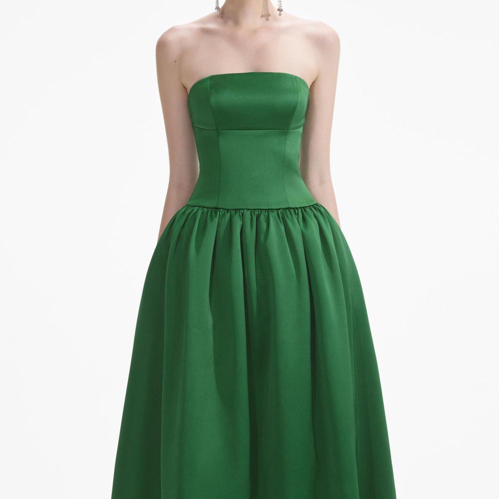 SELF PORTRAIT SS24 Green Satin Bandeau Maxi Dress