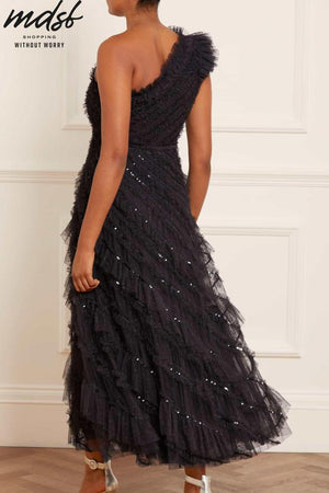 Needle & Thread CHRISTMAS SALE Spiral Sequin One-Shoulder Ankle Gown - black