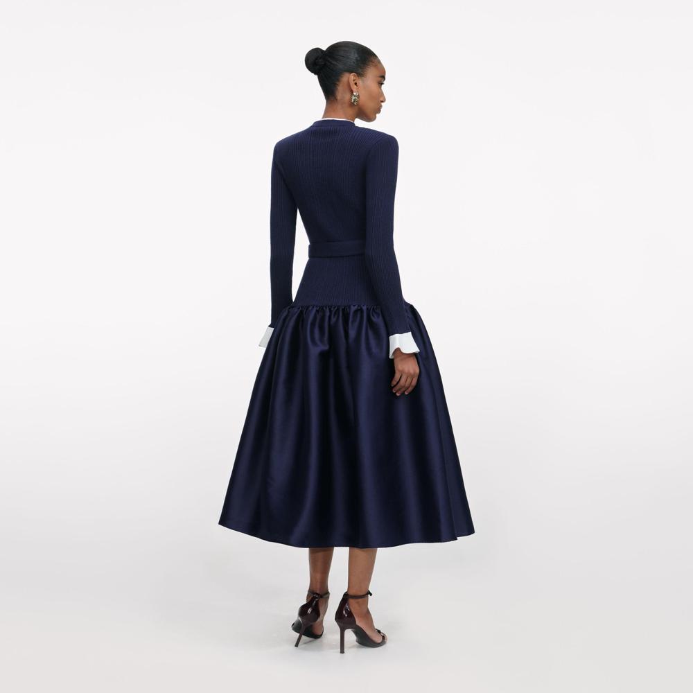 SP VIP PRICE Navy Knit Taffeta Midi Dress