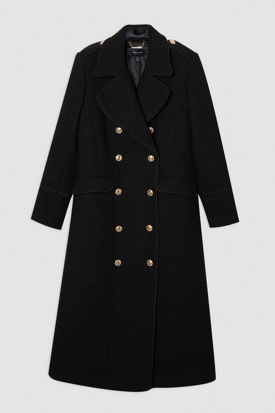Karen Millen UK SALE Wool Double Breasted Military Tailored Midi Coat - black