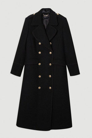 Karen Millen UK SALE Wool Double Breasted Military Tailored Midi Coat - black