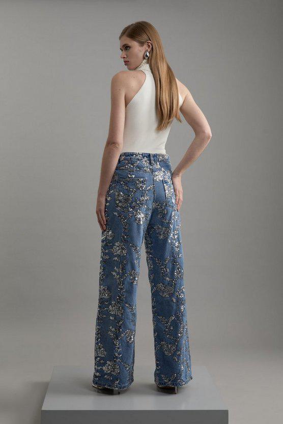 Karen Millen UK SALE Denim All Over Floral Sequin Wide Leg Trousers - mid blue