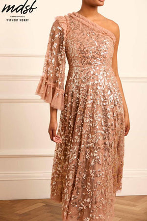 Needle & Thread CHRISTMAS SALE Falling Leaves One-Shoulder Ankle Gown - beige